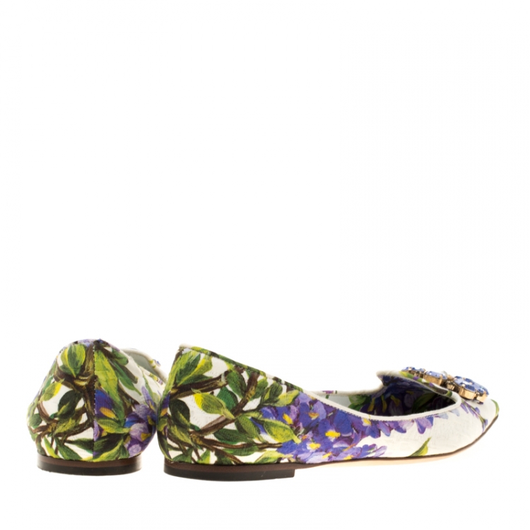 Pre Owned Dolce And Gabbana Multicolor Blossom Printed Fabric Crystal Embellished Pointed Toe Ballet Flats Size 37