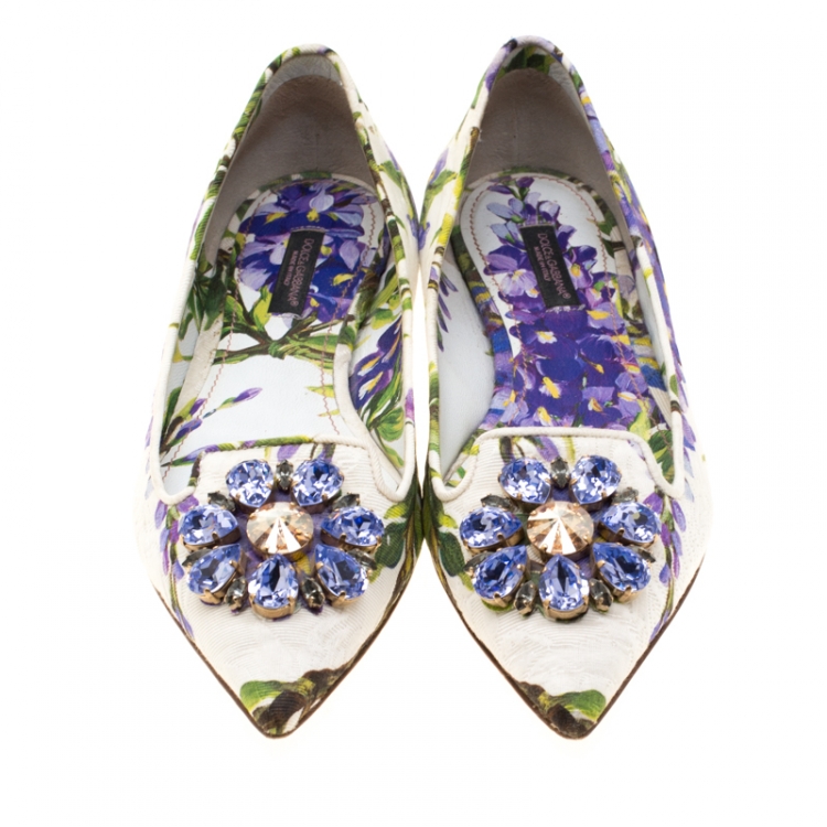 Pre Owned Dolce And Gabbana Multicolor Blossom Printed Fabric Crystal Embellished Pointed Toe Ballet Flats Size 37