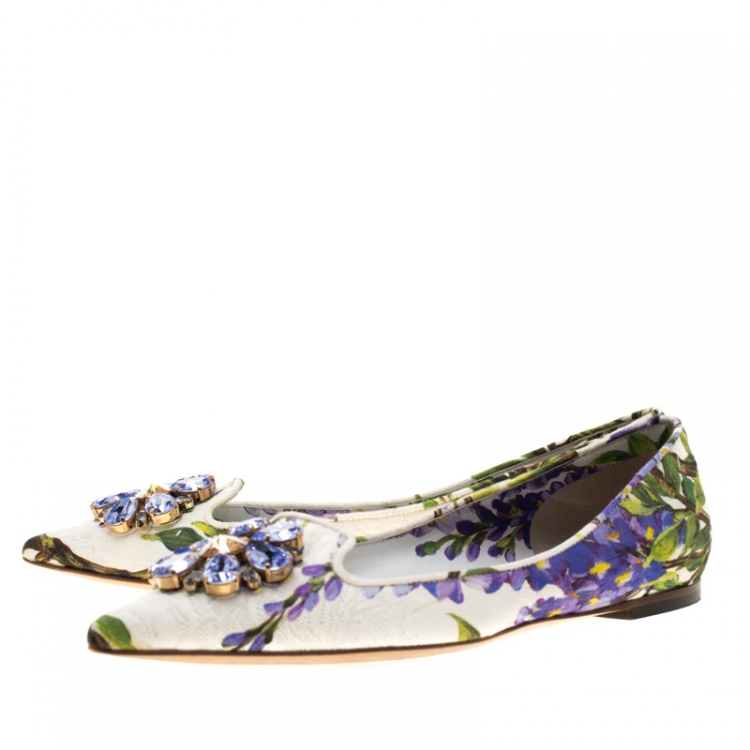 Pre Owned Dolce And Gabbana Multicolor Blossom Printed Fabric Crystal Embellished Pointed Toe Ballet Flats Size 37