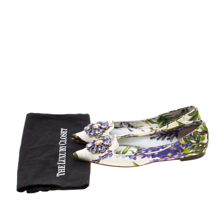 Pre Owned Dolce And Gabbana Multicolor Blossom Printed Fabric Crystal Embellished Pointed Toe Ballet Flats Size 37