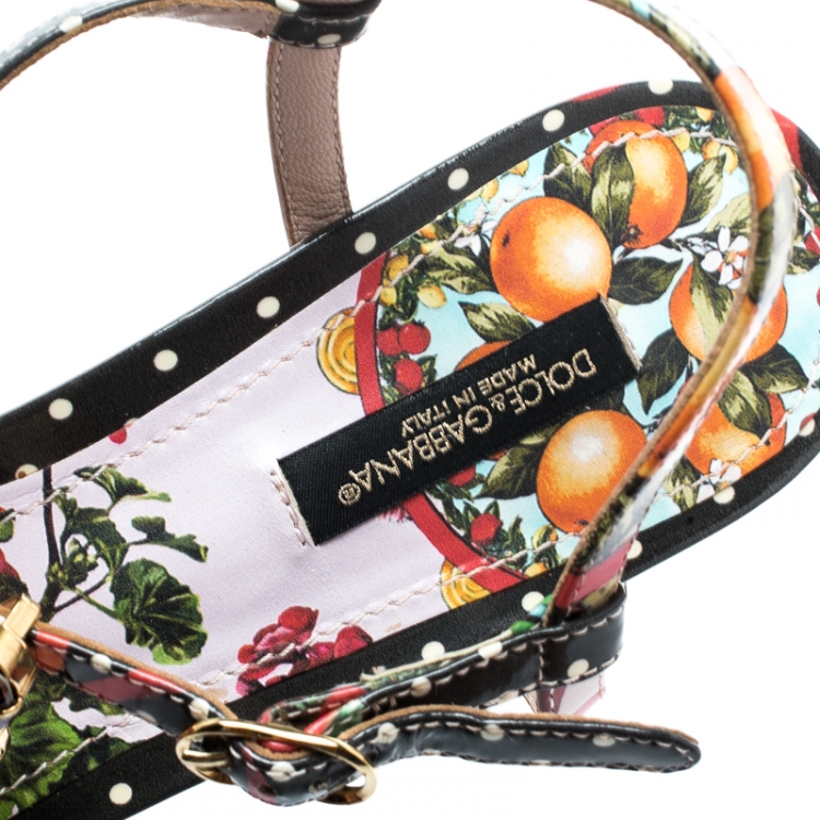 Pre Owned Dolce and Gabbana Multicolor Floral Printed Patent Leather Gingham Crystal Embellished T Strap Wedge Sandals Size 38.5