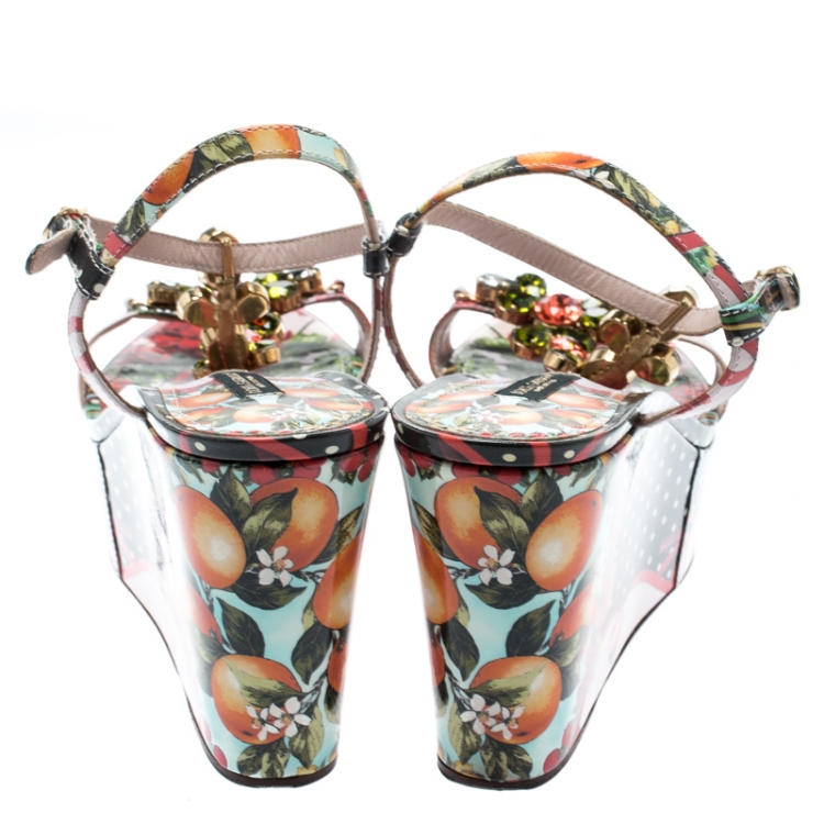 Pre Owned Dolce and Gabbana Multicolor Floral Printed Patent Leather Gingham Crystal Embellished T Strap Wedge Sandals Size 38.5