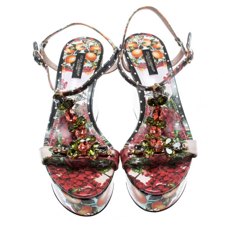 Pre Owned Dolce and Gabbana Multicolor Floral Printed Patent Leather Gingham Crystal Embellished T Strap Wedge Sandals Size 38.5