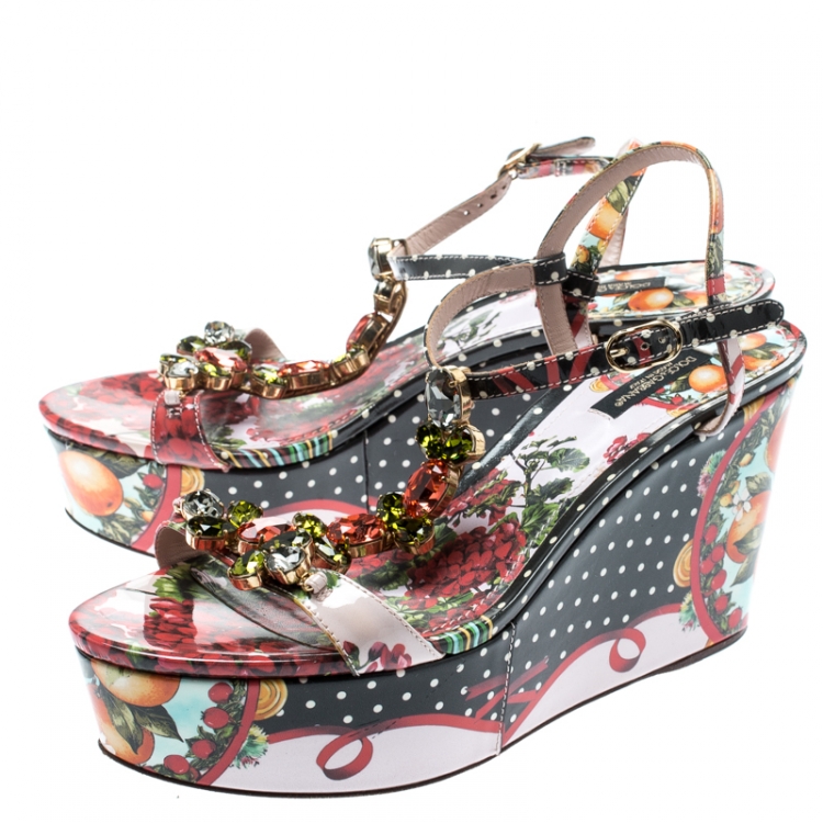 Pre Owned Dolce and Gabbana Multicolor Floral Printed Patent Leather Gingham Crystal Embellished T Strap Wedge Sandals Size 38.5