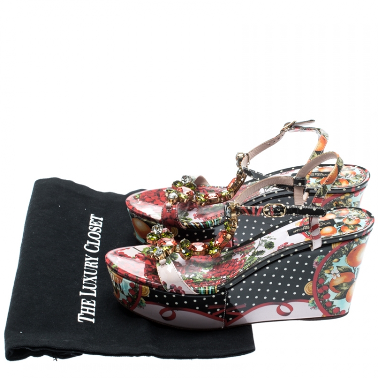 Pre Owned Dolce and Gabbana Multicolor Floral Printed Patent Leather Gingham Crystal Embellished T Strap Wedge Sandals Size 38.5
