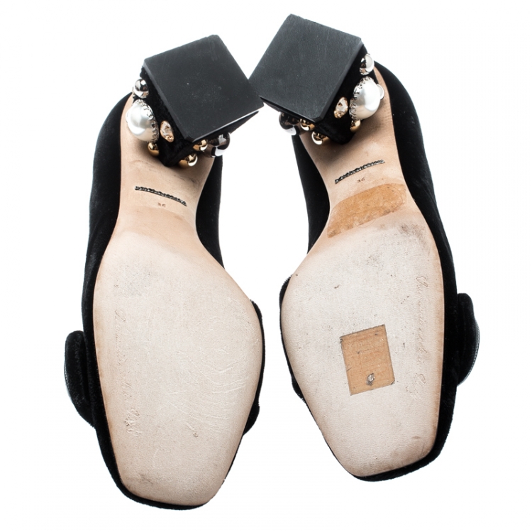Pre Owned Dolce & Gabbana Black Velvet Jackie Embellished Block Heel Pumps Size 36