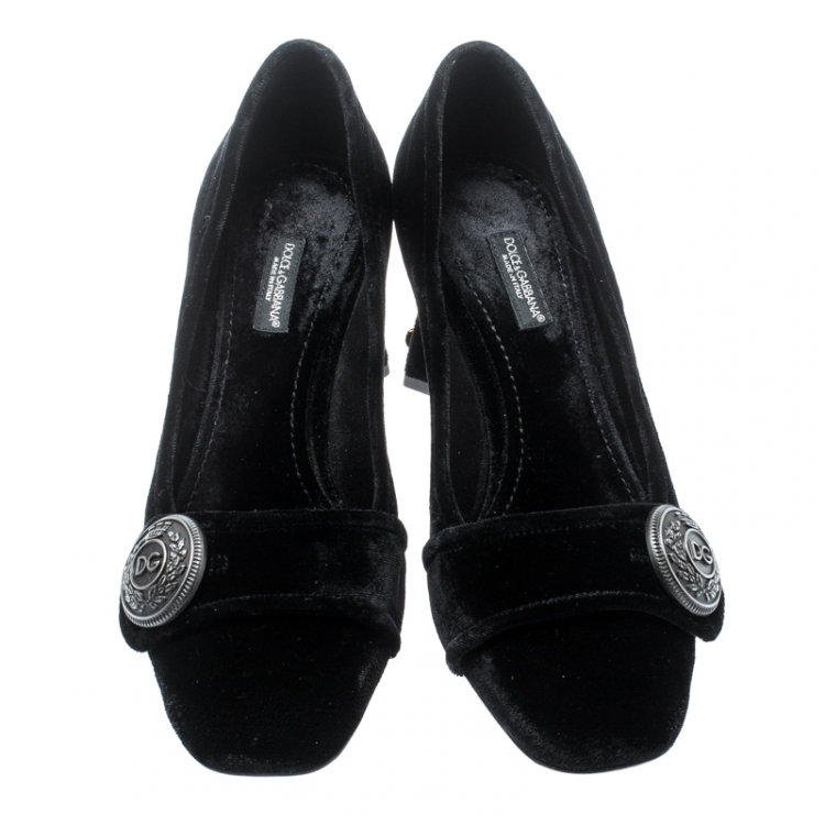 Pre Owned Dolce & Gabbana Black Velvet Jackie Embellished Block Heel Pumps Size 36