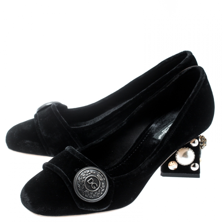 Pre Owned Dolce & Gabbana Black Velvet Jackie Embellished Block Heel Pumps Size 36