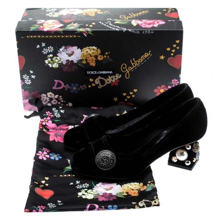 Pre Owned Dolce & Gabbana Black Velvet Jackie Embellished Block Heel Pumps Size 36