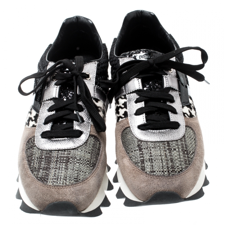 Pre Owned Dolce And Gabbana Tricolor Leather, Mesh And Pony Hair Patchwork Capri Sneakers Size 41