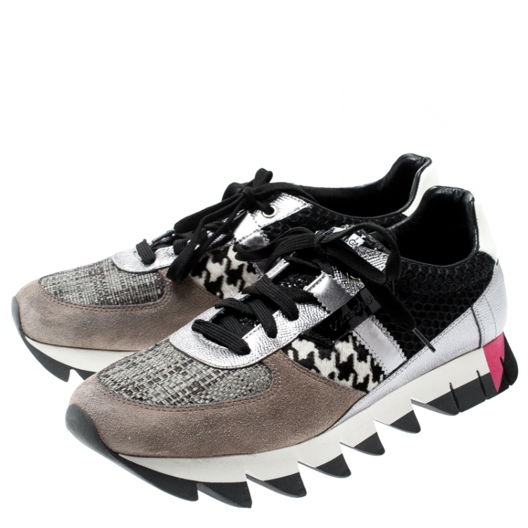 Pre Owned Dolce And Gabbana Tricolor Leather, Mesh And Pony Hair Patchwork Capri Sneakers Size 41