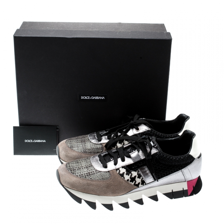 Pre Owned Dolce And Gabbana Tricolor Leather, Mesh And Pony Hair Patchwork Capri Sneakers Size 41