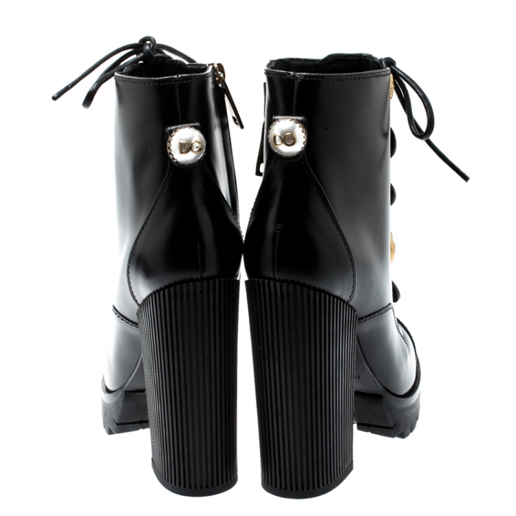 Pre Owned Dolce and Gabbana Black Leather Gold Embossed Button Embellished Combat Ankle Boots Size 37.5