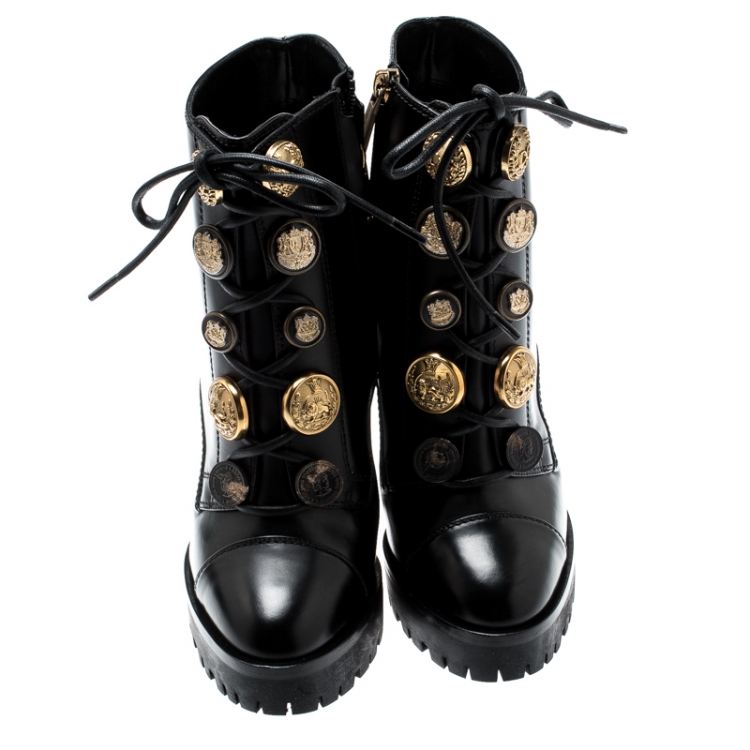 Pre Owned Dolce and Gabbana Black Leather Gold Embossed Button Embellished Combat Ankle Boots Size 37.5
