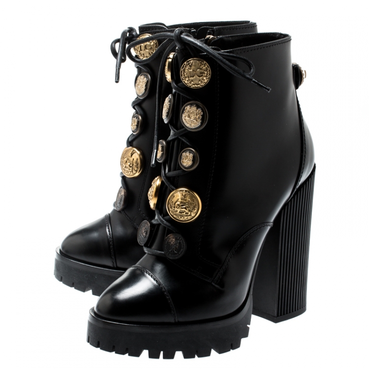 Pre Owned Dolce and Gabbana Black Leather Gold Embossed Button Embellished Combat Ankle Boots Size 37.5