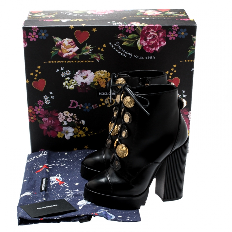 Pre Owned Dolce and Gabbana Black Leather Gold Embossed Button Embellished Combat Ankle Boots Size 37.5