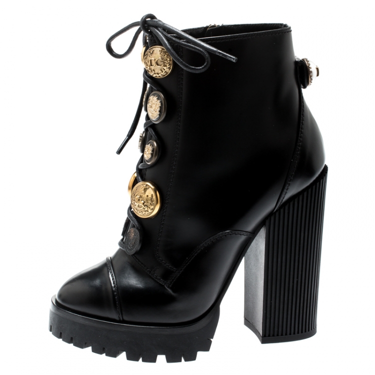 Pre Owned Dolce and Gabbana Black Leather Gold Embossed Button Embellished Combat Ankle Boots Size 37