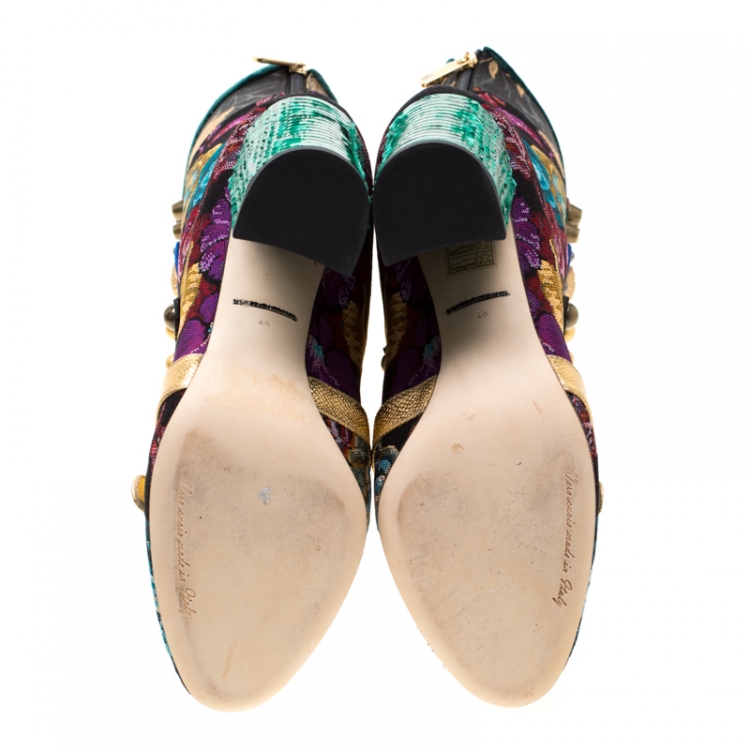 Pre Owned Dolce and Gabbana Multicolor Floral Jacquard Fabric Crystal Embellished Buckle Block Heel Mid Calf Boots Size 40