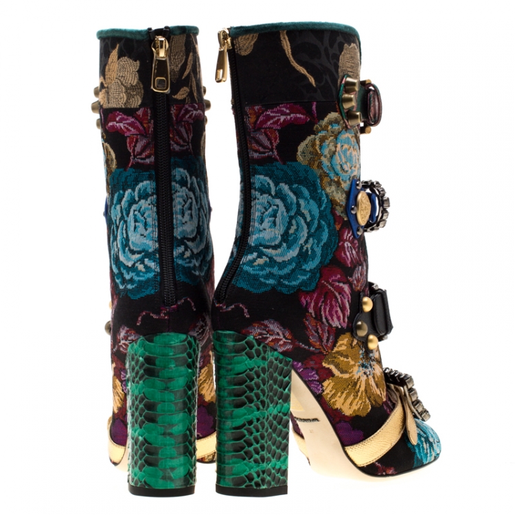 Pre Owned Dolce and Gabbana Multicolor Floral Jacquard Fabric Crystal Embellished Buckle Block Heel Mid Calf Boots Size 40