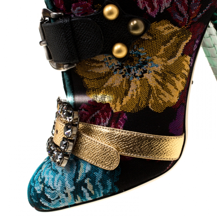 Pre Owned Dolce and Gabbana Multicolor Floral Jacquard Fabric Crystal Embellished Buckle Block Heel Mid Calf Boots Size 40