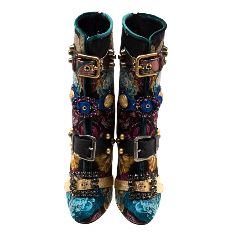 Pre Owned Dolce and Gabbana Multicolor Floral Jacquard Fabric Crystal Embellished Buckle Block Heel Mid Calf Boots Size 40