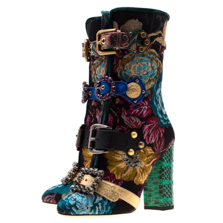 Pre Owned Dolce and Gabbana Multicolor Floral Jacquard Fabric Crystal Embellished Buckle Block Heel Mid Calf Boots Size 40