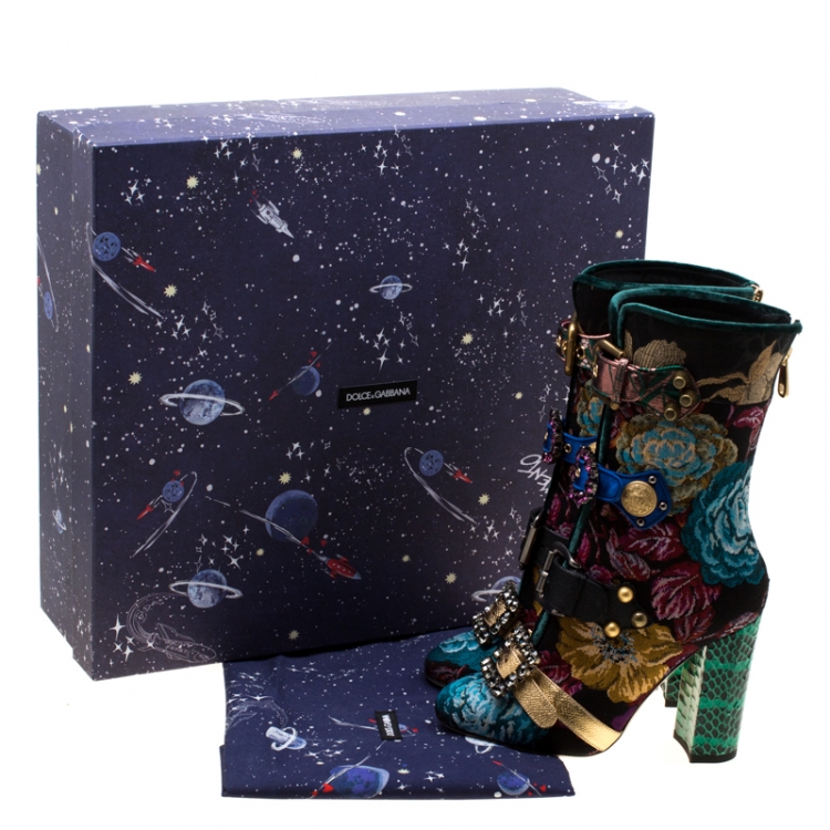 Pre Owned Dolce and Gabbana Multicolor Floral Jacquard Fabric Crystal Embellished Buckle Block Heel Mid Calf Boots Size 40