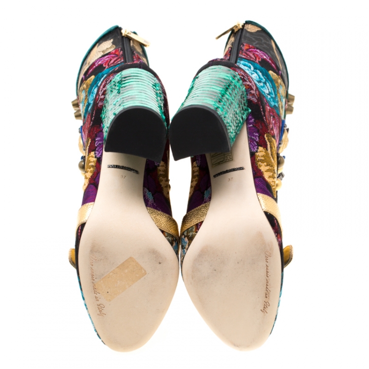 Pre Owned Dolce and Gabbana Multicolor Floral Jacquard Fabric Crystal Embellished Buckle Block Heel Mid Calf Boots Size 37