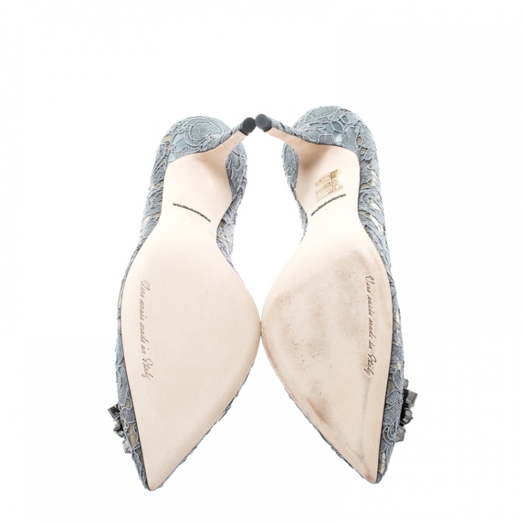 Pre Owned Dolce and Gabbana Grey Lace Bellucci Crystal Embellished Pointed Toe Pumps Size 40