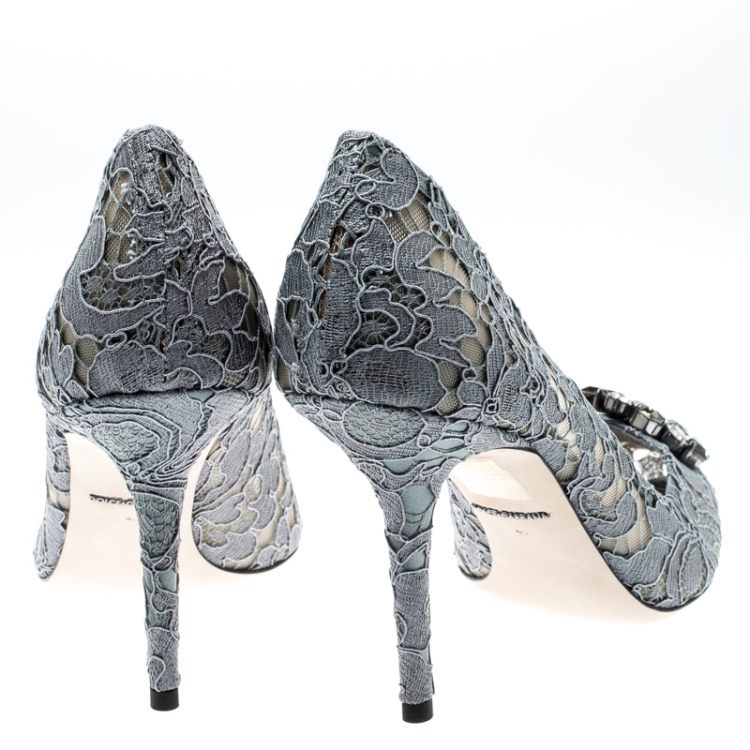 Pre Owned Dolce and Gabbana Grey Lace Bellucci Crystal Embellished Pointed Toe Pumps Size 40