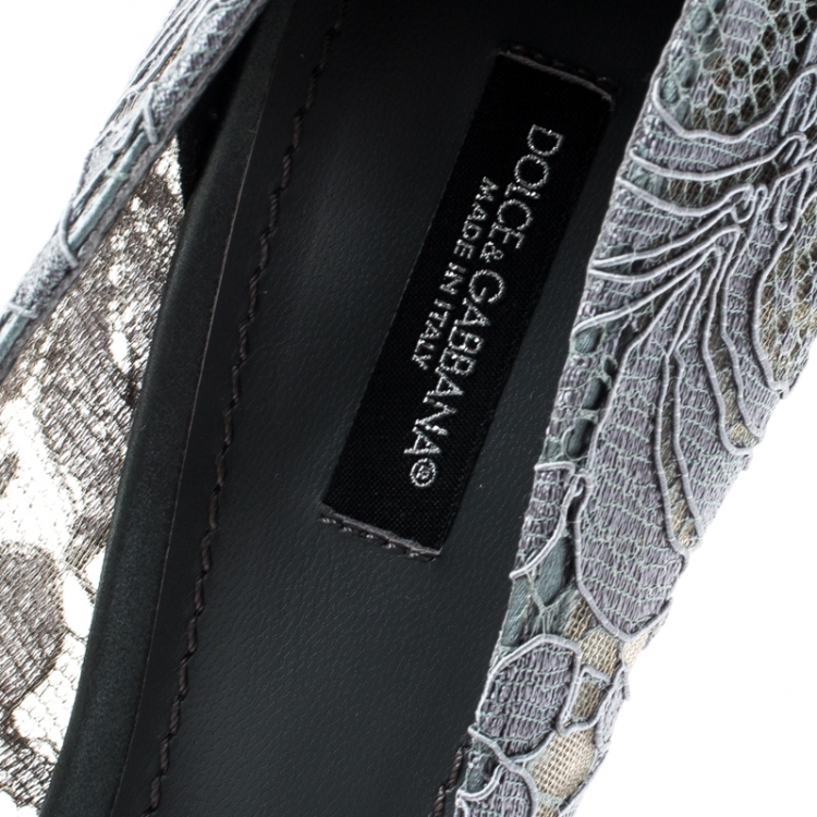 Pre Owned Dolce and Gabbana Grey Lace Bellucci Crystal Embellished Pointed Toe Pumps Size 40