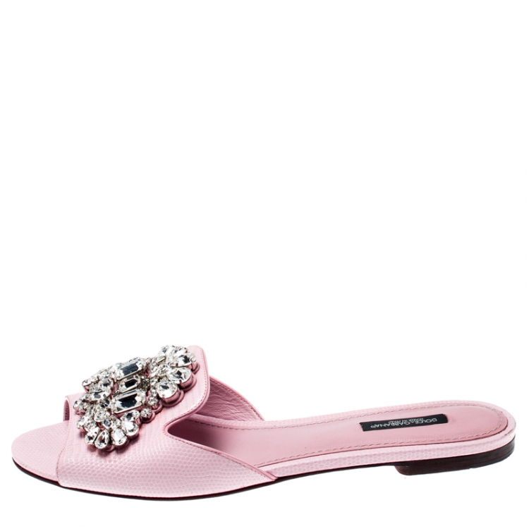 Pre Owned Dolce And Gabbana Pink Embossed Lizard Leather Crystal Embellished Peep Toe Flat Slides Size 39