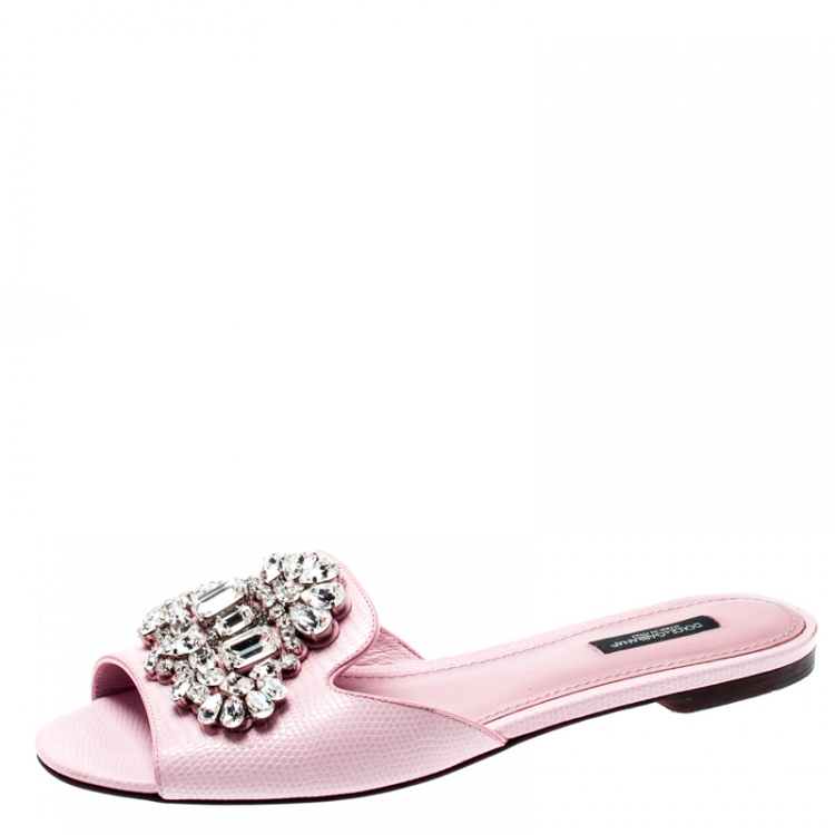 Pre Owned Dolce And Gabbana Pink Embossed Lizard Leather Crystal Embellished Peep Toe Flat Slides Size 39