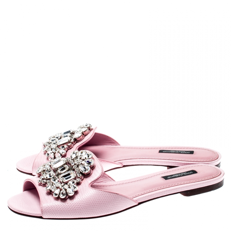 Pre Owned Dolce And Gabbana Pink Embossed Lizard Leather Crystal Embellished Peep Toe Flat Slides Size 39