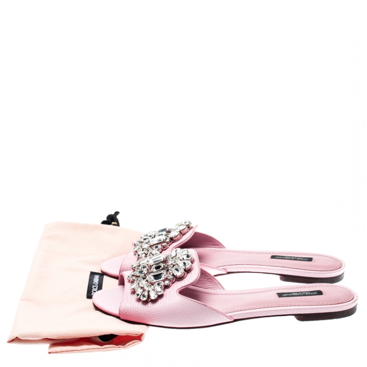 Pre Owned Dolce And Gabbana Pink Embossed Lizard Leather Crystal Embellished Peep Toe Flat Slides Size 39