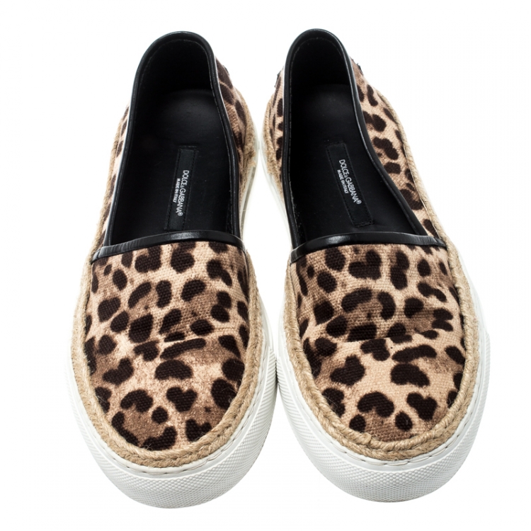 Pre Owned Dolce And Gabbana Brown/Beige Leopard Print Canvas Espadrille Slip On Sneakers Size 39