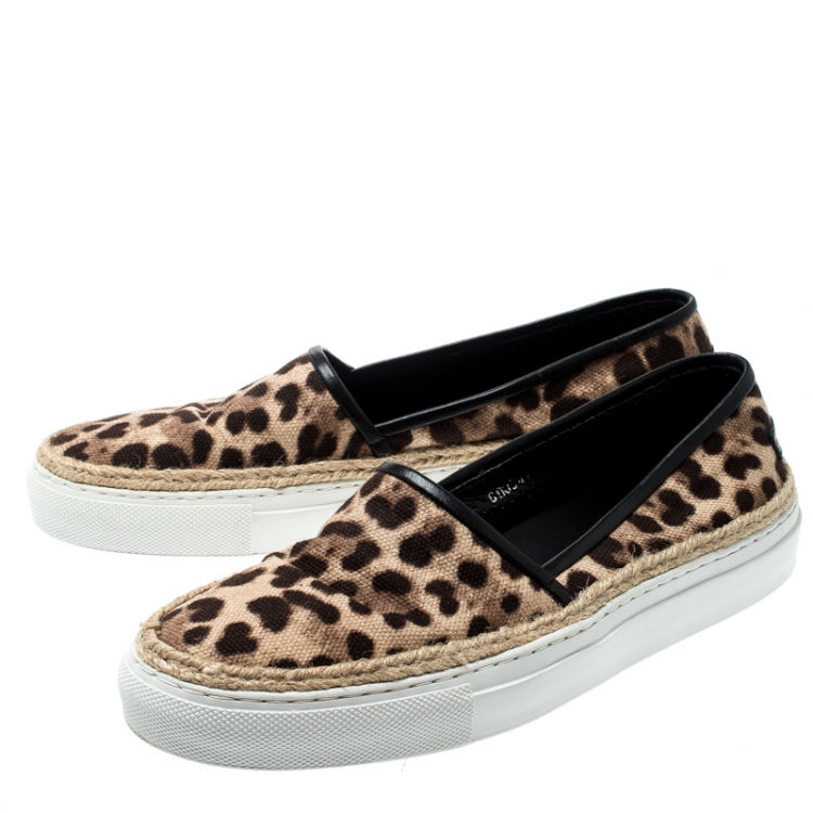 Pre Owned Dolce And Gabbana Brown/Beige Leopard Print Canvas Espadrille Slip On Sneakers Size 39