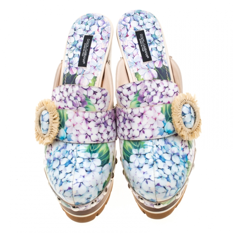 Pre Owned Dolce & Gabbana Multicolor Hydrangea Print Patent Leather Taormina Platform Clogs Size 39.5