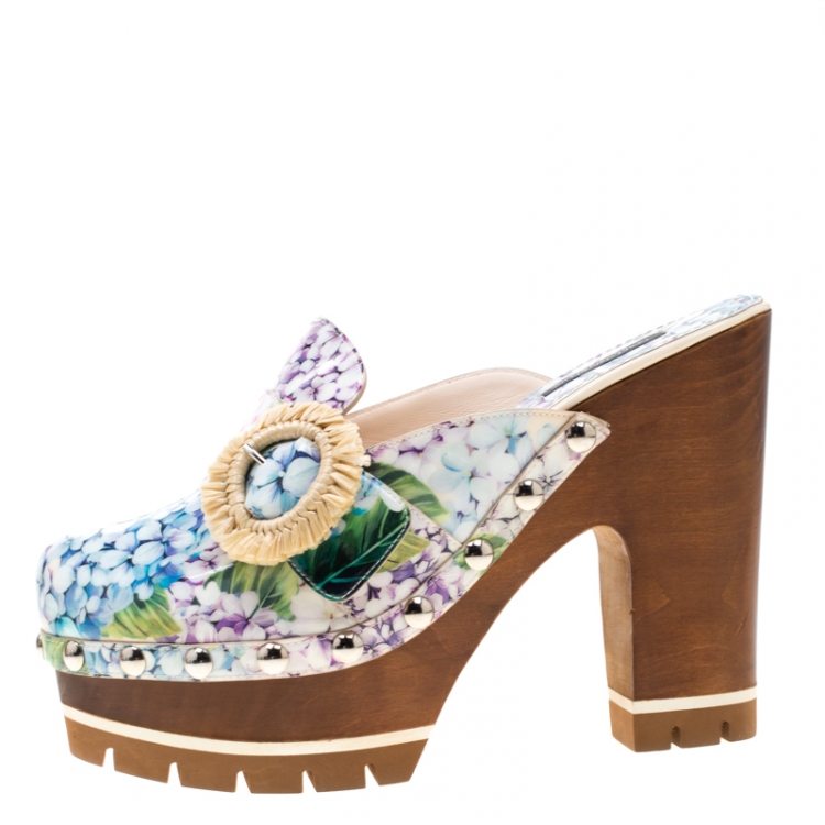 Pre Owned Dolce & Gabbana Multicolor Hydrangea Print Patent Leather Taormina Platform Clogs Size 39.5