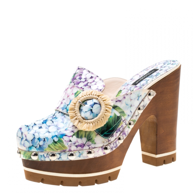 Pre Owned Dolce & Gabbana Multicolor Hydrangea Print Patent Leather Taormina Platform Clogs Size 39.5