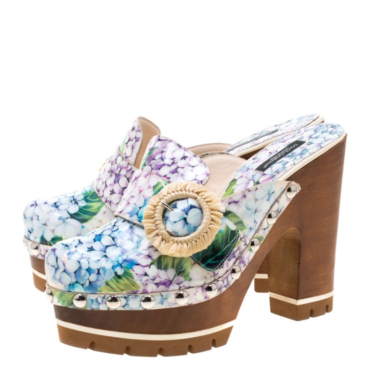 Pre Owned Dolce & Gabbana Multicolor Hydrangea Print Patent Leather Taormina Platform Clogs Size 39.5