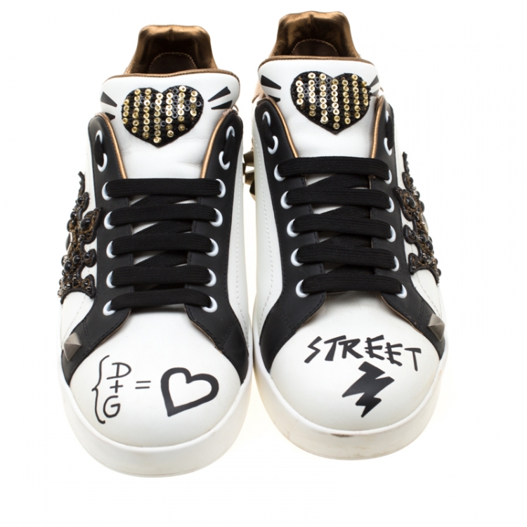 Pre Owned Dolce and Gabbana Monochrome Leather Portofino Crown Sneakers Size 41
