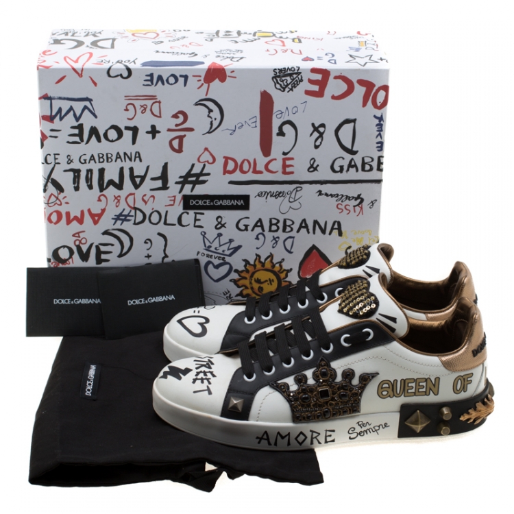 Pre Owned Dolce and Gabbana Monochrome Leather Portofino Crown Sneakers Size 41
