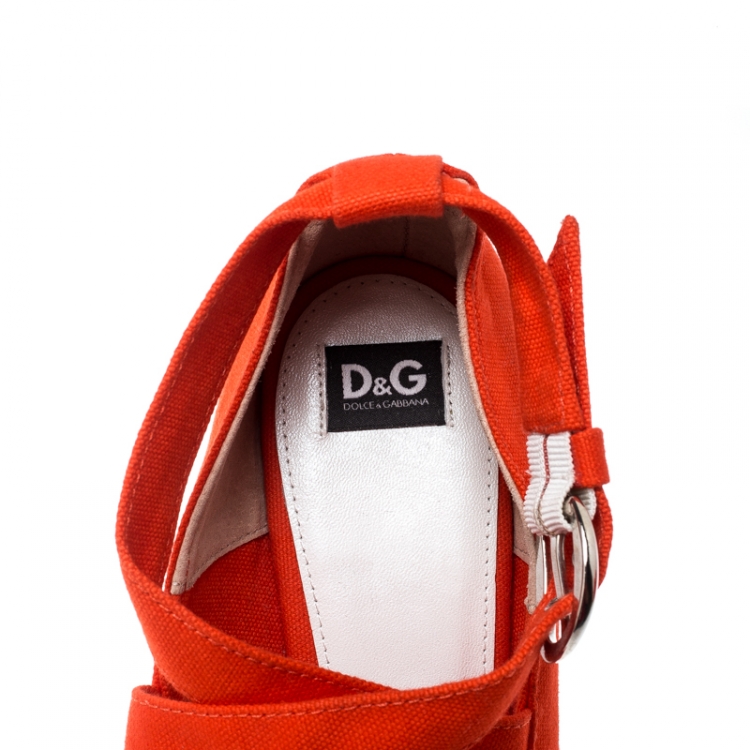 Pre Owned Dolce And Gabbana Orange Canvas Wedge Heel Cross Strap Platform Pumps Size 40