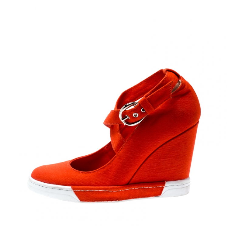 Pre Owned Dolce And Gabbana Orange Canvas Wedge Heel Cross Strap Platform Pumps Size 40