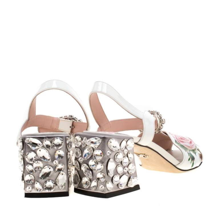 Pre Owned Dolce & Gabbana Rose Printed Patent Leather Embellished Heel Sandals Size 36