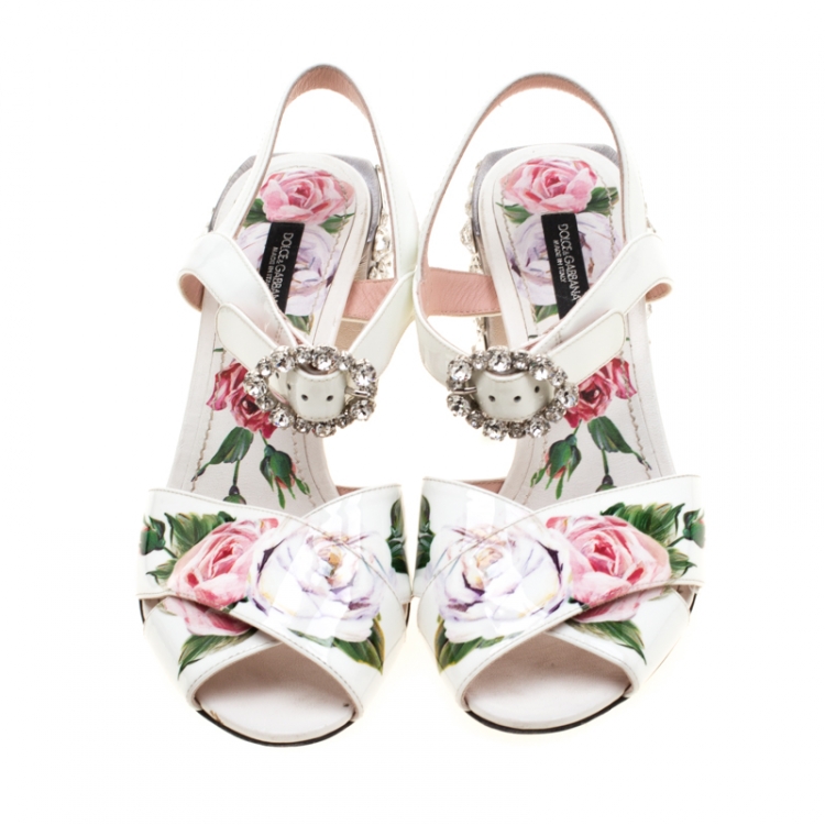 Pre Owned Dolce & Gabbana Rose Printed Patent Leather Embellished Heel Sandals Size 36