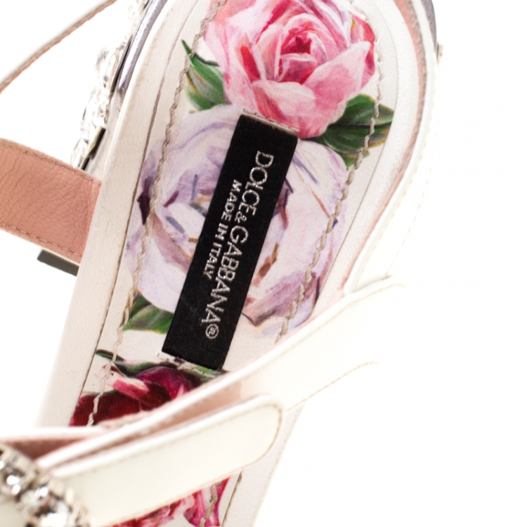 Pre Owned Dolce & Gabbana Rose Printed Patent Leather Embellished Heel Sandals Size 36