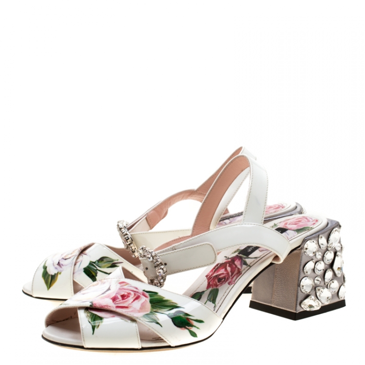 Pre Owned Dolce & Gabbana Rose Printed Patent Leather Embellished Heel Sandals Size 36