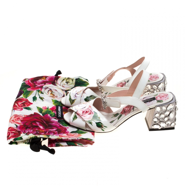Pre Owned Dolce & Gabbana Rose Printed Patent Leather Embellished Heel Sandals Size 36
